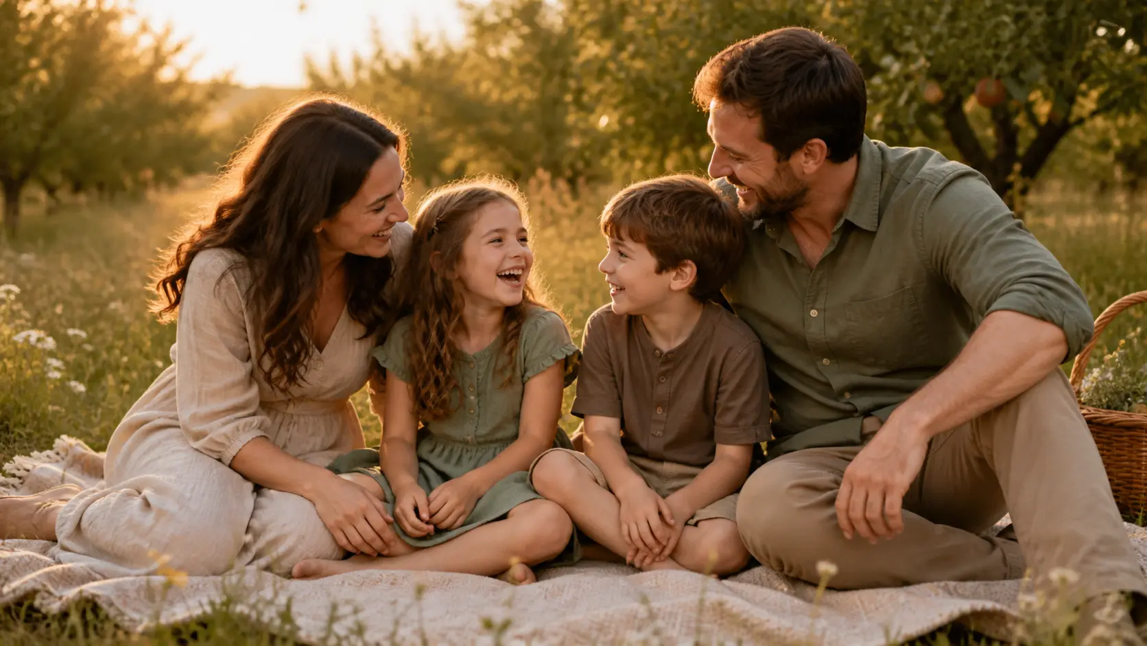 Family of four sitting together in an orchard ready for family photo animation