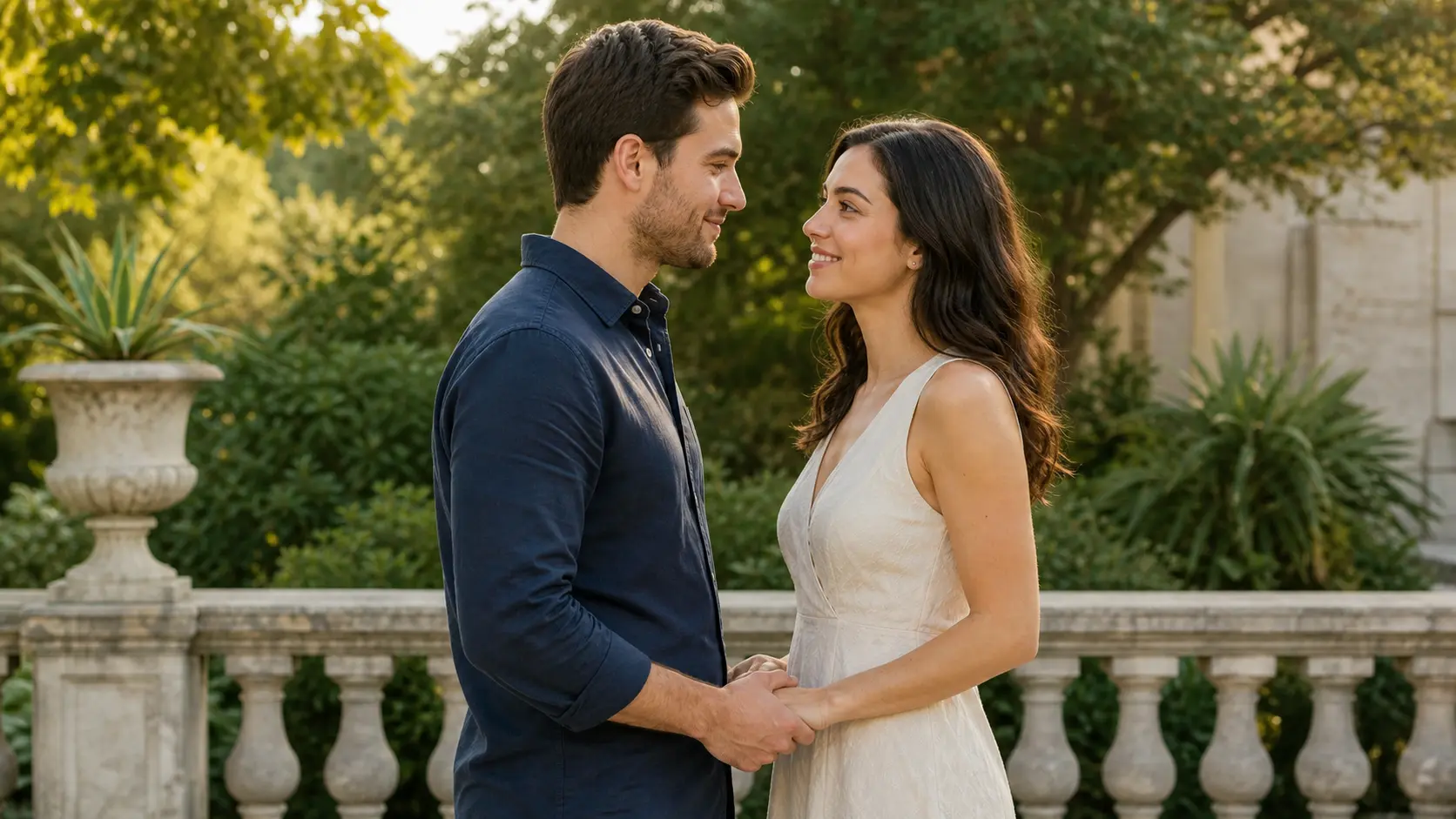 Two adults facing each other in a clear garden photo prepared for a kissing video