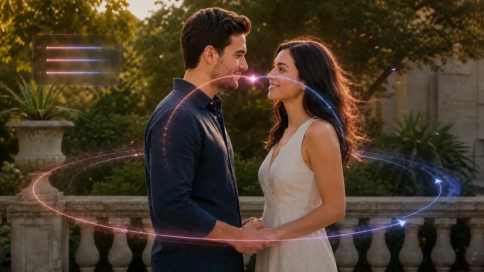 Couple photo with rose and violet motion paths showing prompt-directed movement